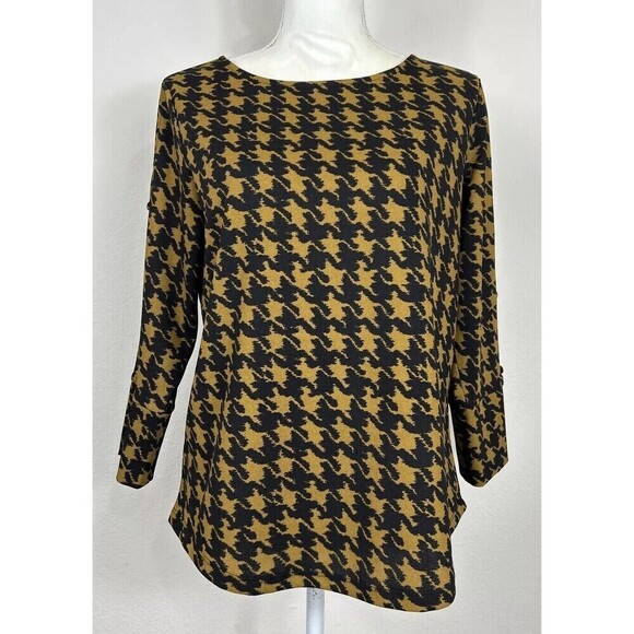 Ann Taylor Factory Gold & Black Herringbone Pattern Pullover Blouse Size M 8/10 - Picture 1 of 11